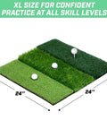 Tri Turf XL Golf Hitting Mat 24x24 Inches For Indoor And Outdoor Practice showing three grass textures and dimensions
