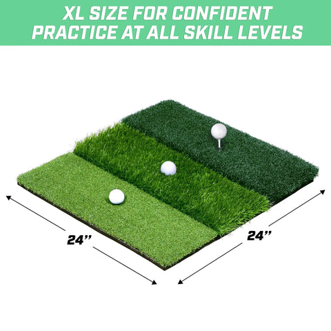 Tri Turf XL Golf Hitting Mat 24x24 Inches For Indoor And Outdoor Practice showing three grass textures and dimensions