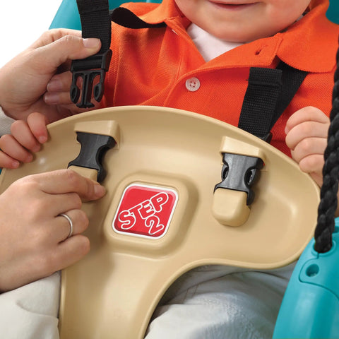Close-up of Infant To Toddler Outdoor Swing For Backyard Playset With Bucket Style Seat And Safe Harness being buckled