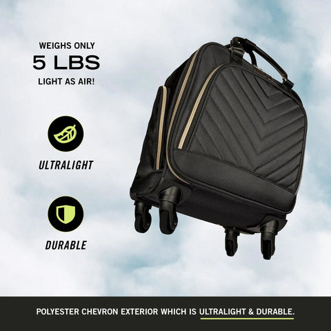 Chelsea Chevron Quilted Underseat Carry On Luggage Black With Gold Accent Zippers And Slick Four Wheel Spinner For Easy Maneuvering