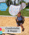 Outdoor Baby Swing Sun Shade For Toddlers, Portable Folding Canopy That Blocks UV Rays, Easy Install, Lightweight And Durable UV Resistant Top, Fits Most Outdoor Swing Sets, Keeps Your Lil One Cool During Play showing a baby swinging under a polka dot canopy in a playground.