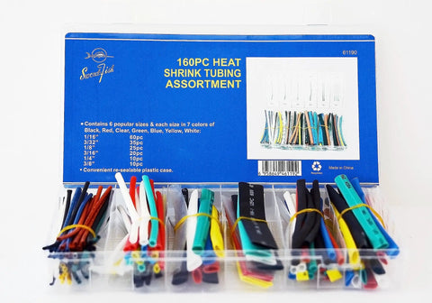 Rainbow Heat Shrink Wire Wrap Tubing Kit With 7 Colors And 6 Sizes displayed in plastic case with assorted cables