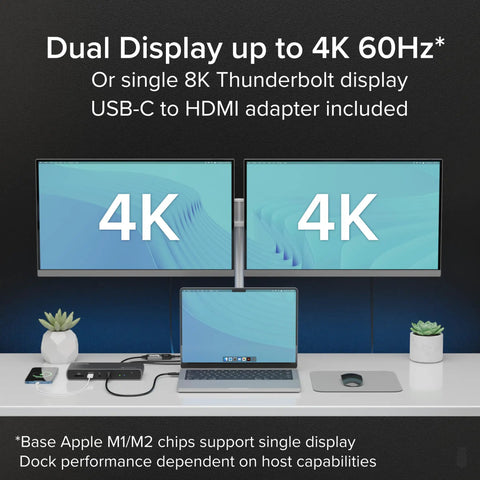 Rock Solid Thunderbolt 4 Docking Station For Mac And Windows Runs Two Monitors Like A Champ With One Hundred Watt Fast Charging connected to dual 4K monitors.