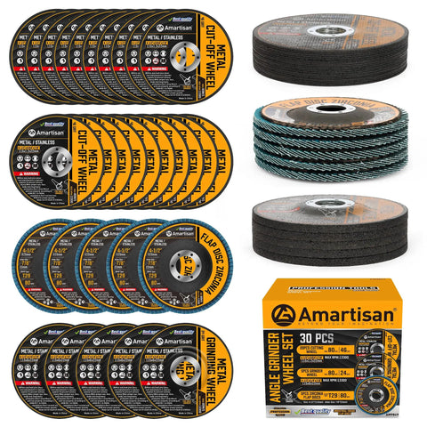 Heavy Duty 30 Pack Angle Grinder Wheel Set For 4-1/2 Inch Grinders Includes 20 Cut Off Wheels, Flap Discs, Grinding Wheels