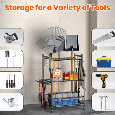 Garden Tool Organizer And Storage Stand With Lockable Wheels For Garage Shed Indoor Outdoor Use Multi Slot Shelves And Hooks