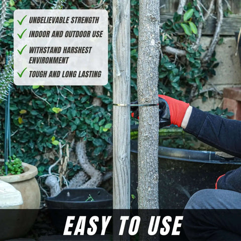 Person using 304 Stainless Steel Zip Ties 11.8 Inch Heavy Duty Built To Last Self Locking Cable Ties Multi Purpose 100 Pack For Machinery Vehicles Exhaust Wrap Pipes Roofs Cables Fences Outdoor Use outdoors
