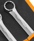16 Piece Metric Combination Wrench Set With Roll Up Storage Pouch, Heat Treated Chrome Vanadium Steel, 7mm To 22mm, 15 Degree Box End For Easy Access To Tight Bolts, Pro Grade Tools For DIY Auto And Workshop. Close-up of wrenches in pouch.