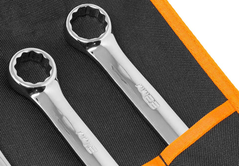 16 Piece Metric Combination Wrench Set With Roll Up Storage Pouch, Heat Treated Chrome Vanadium Steel, 7mm To 22mm, 15 Degree Box End For Easy Access To Tight Bolts, Pro Grade Tools For DIY Auto And Workshop. Close-up of wrenches in pouch.