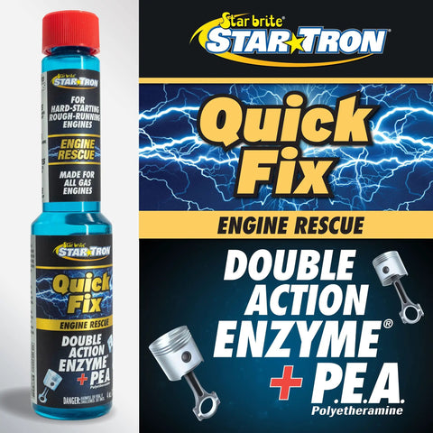Fast Acting Fuel System And Injector Cleaner Quick Fix For Rough Idles Smooth Ride Gas Tank Additive Featuring Advanced Enzyme Formula To Clear Out Dirt And Bring Your Engine Back To Life Pack Of Two, showing two bottles of engine cleaner.