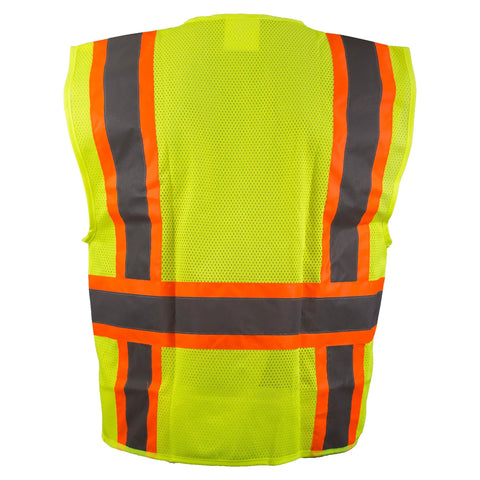 Back view of Fresh Two Tone Safety Vest Loaded With Bold Reflective Strips And Roomy Pockets For Guaranteed High Visibility Wrapped In Cool Airflow Mesh And Snappy Front Zipper.