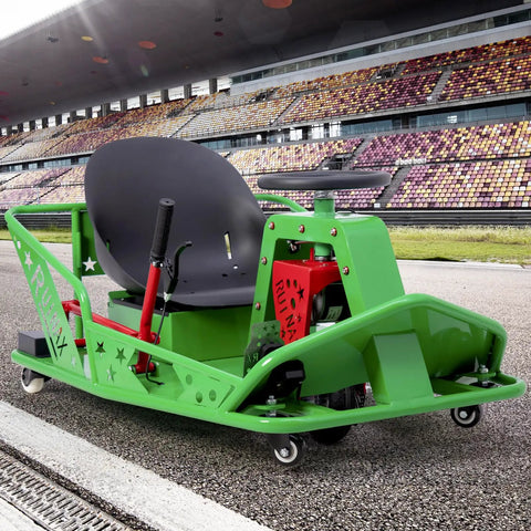 Green 36V Electric Drift Kart For Adults That Feels Like A Pro Ride Drifts Up To 12 MPH Runs About 40 Minutes Per Charge 360 Degree Spin Heavy Duty Frame Supports Up To 300 Lb Great For Indoor And Outdoor Sessions on a race track.
