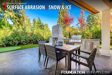 Premium Solvent Based Acrylic High Gloss Color Enhancing Concrete Sealer on outdoor pavers under a patio with furniture.