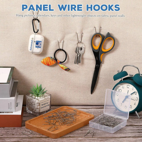 40 Pieces Cubicle Hooks Set For Fabric Wall And Panel Hangers, keys, scissors, and accessories hanging on fabric panel in office