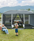 Family enjoying outdoors with Big 13x9 Screen House Tent With Mesh Gazebo And 2 Magnetic Doors Projection Screen Included Perfect Outdoor Patio Backyard Canopy Shelter For Camping And Hangouts Gray