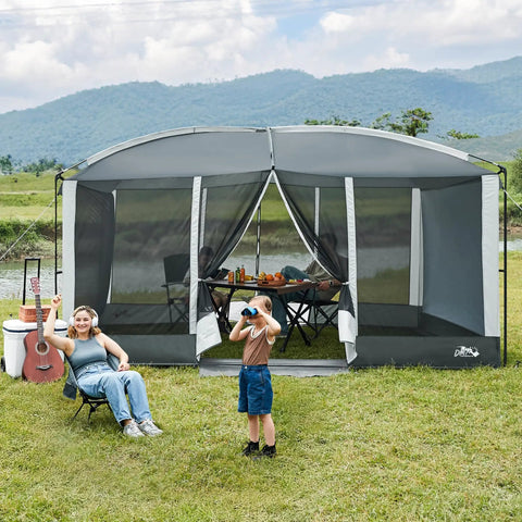 Family enjoying outdoors with Big 13x9 Screen House Tent With Mesh Gazebo And 2 Magnetic Doors Projection Screen Included Perfect Outdoor Patio Backyard Canopy Shelter For Camping And Hangouts Gray
