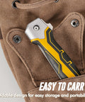 Angled view of KATA folding drywall jab saw with yellow and black soft-grip handle tucked in a brown tool pouch