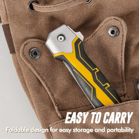 Angled view of KATA folding drywall jab saw with yellow and black soft-grip handle tucked in a brown tool pouch