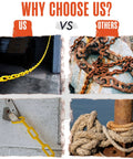 Comparison image showing Yellow Plastic Chain Safety Barrier 124 Feet With 2 Inch Links Lightweight UV Protected contrasted with rusted chains and ropes.