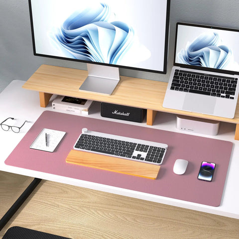 Leather Desk Pad Protector And Mouse Pad For Home Office No Slip PU Leather Desk Mat Waterproof Writing Pad 23.6 By 13.7 Inches Dark Pink on desk