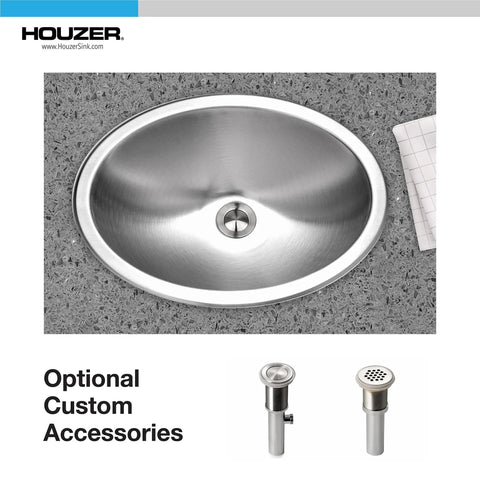 Top view of Drop In 18 Inch Stainless Steel Oval Bathroom Sink No Overflow Single Bowl Satin Finish on countertop.