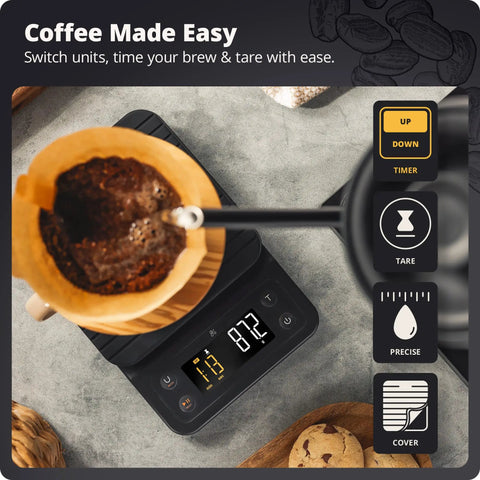 Top view of 0.1g Precision Digital Coffee Scale With Timer For Pour Over And Espresso, 3Kg Capacity, Onyx Black in use