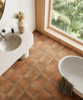 Bathroom with Rustic Cotto 13x13 Porcelain Tile For Floor And Wall, Glazed Textured Finish With Medium Sheen, Subtle Tone Variation