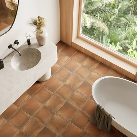 Bathroom with Rustic Cotto 13x13 Porcelain Tile For Floor And Wall, Glazed Textured Finish With Medium Sheen, Subtle Tone Variation