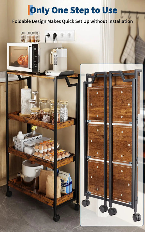 Large 4-Tier Collapsible Wooden Storage Shelf with Heavy Duty 100 lb Capacity and Locking Wheels in kitchen setup
