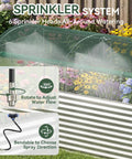 8x4x3 ft Tall Galvanized Raised Garden Bed With Self Watering System and Mesh Cover, showing sprinkler heads and flowers.