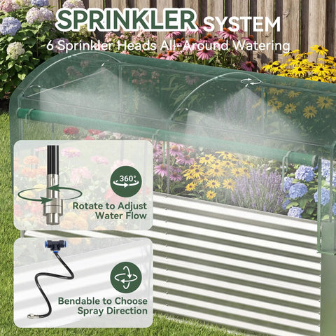 8x4x3 ft Tall Galvanized Raised Garden Bed With Self Watering System and Mesh Cover, showing sprinkler heads and flowers.
