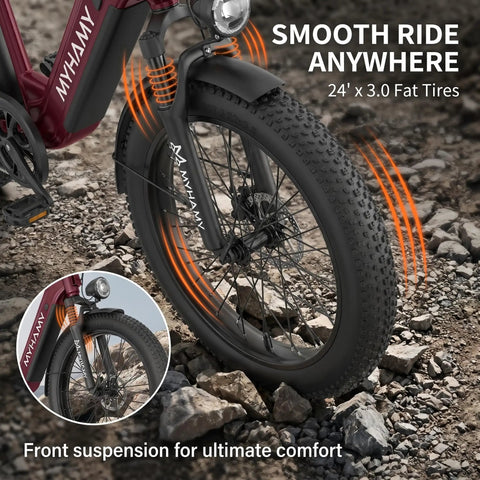 Fat Tire Electric Bike With 24In Wheels, 2000W Peak Motor, showcasing front suspension and fat tires for smooth city cruising.