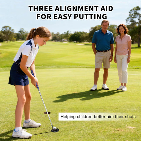 Child using Junior Edition Kids Putter 24 Inch Right Handed With Soft Grip And Alignment Line Black Orange For Ages 3 To 8