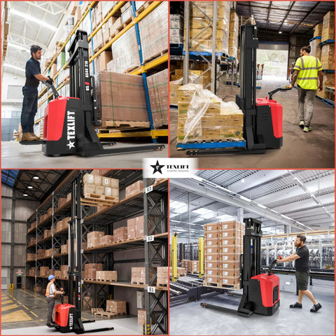 Heavy Duty Electric Pallet Stacker With Stand, 4400 Lbs Capacity, 216 Inch Lift in warehouse setting
