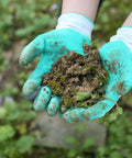 Woman wearing mint green Women Gardening Gloves Six Pairs Breathable Rubber Coated for Yard and Garden holding soil