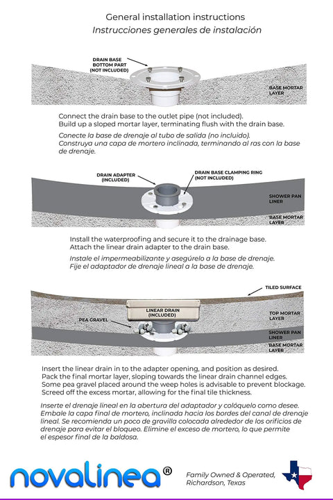 General installation instructions for 30 Inch Linear Shower Drain With Tile Insert Grate And Hair Strainer Includes Leveling Feet 2 Inch Center Outlet 304 Stainless Steel Tileable Top Grate For A Sleek Modern Look And Easy Cleaning