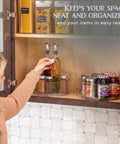 Two Pack Lazy Susan Turntables Clear Acrylic Carousel Storage in use in a kitchen cabinet with spices and oils organized.