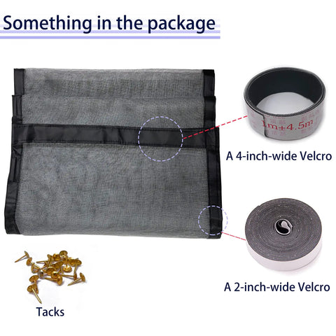 Package contents of Magnetic Screen Door With Fiberglass Mesh And Strong Magnets, includes tacks and Velcro strips.