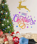 Christmas tree with gifts and decorations, featuring a reindeer decal. 49ft Outdoor Patio String Lights With LED Bulbs.