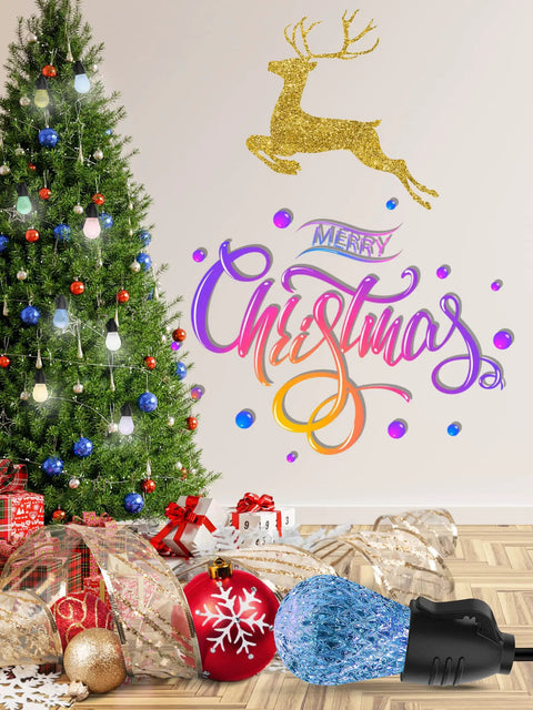 Christmas tree with gifts and decorations, featuring a reindeer decal. 49ft Outdoor Patio String Lights With LED Bulbs.