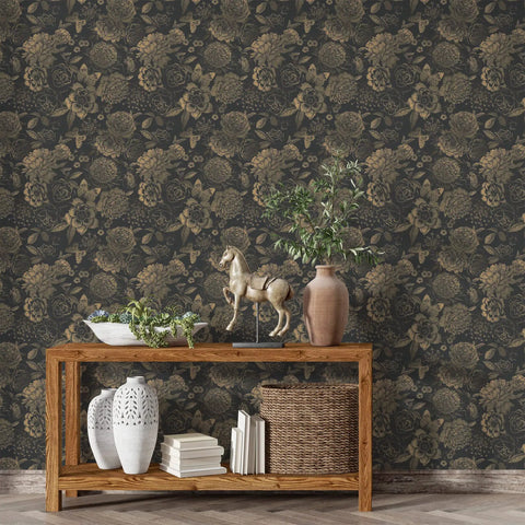 Light Gold Vintage Floral Butterfly Peel and Stick Wallpaper on Dark Background Retro Vinyl Self Adhesive Contact Paper Roll for Living Room DIY Decor Easy Apply Durable Coverage on Smooth Surfaces with Instant Luxe Vibe