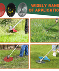 Heavy Duty Weed Eater Blade Kit with adapter for trimmer in action; shows 9x36 carbide tipped and 10x80 carbide tip blades cutting grass
