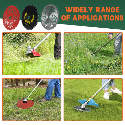 Heavy Duty Weed Eater Blade Kit with adapter for trimmer in action; shows 9x36 carbide tipped and 10x80 carbide tip blades cutting grass