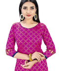 Woman wearing Pink Banarasi Silk Dress Material Set For Women With Navy Bottom And Navy Dupatta Unstitched Top 2m Bottom 2.3m Dupatta 2.25m