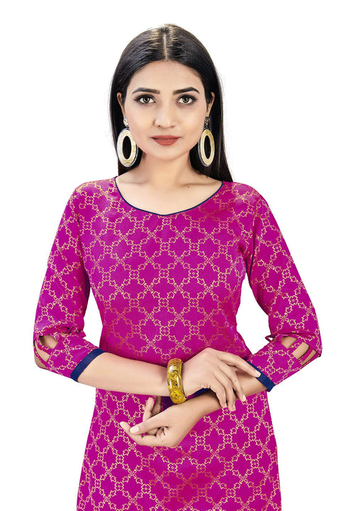 Woman wearing Pink Banarasi Silk Dress Material Set For Women With Navy Bottom And Navy Dupatta Unstitched Top 2m Bottom 2.3m Dupatta 2.25m