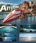 Child holding a red Two Pack 12 Inch RC Boat with Carry Case Saltwater Ready 30 KPH Speed Auto Flip in poolside setting.