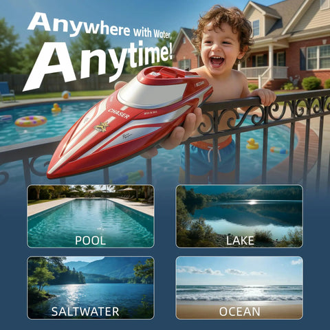 Child holding a red Two Pack 12 Inch RC Boat with Carry Case Saltwater Ready 30 KPH Speed Auto Flip in poolside setting.