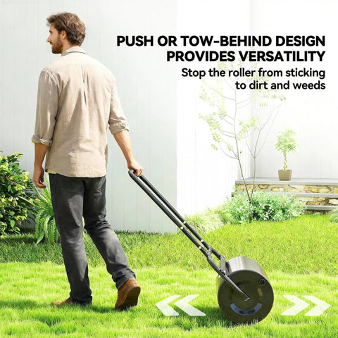 Person using 20 Inch Push And Tow Behind Lawn Roller Filled With 10 Gallons Of Water Or Sand, Heavy Duty Yard Roller For Flattening Sod