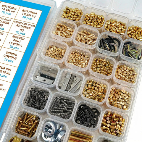 1000 Piece KW1 Pro Grade Rekey Kit With Cylinder Service Tools for Home Security Doors, showcasing assorted pins and tools in compartments.