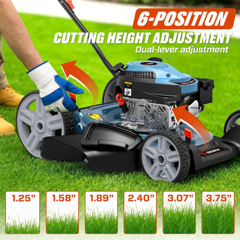 21-Inch Gas Lawn Mower With 144cc 4-Cycle Engine, Mulching And Side Discharge, 6-Position Height Adjustment, Push And Walk-Behind Mower For Yard And Garden Tackle Thick Grass Like A Boss showing 6-height settings