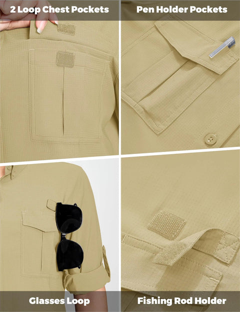 Close-up of Womens Hiking Shirt Quick Dry UPF 50 Plus Long Sleeve Button Down Khaki Large showing pockets and loops for outdoors